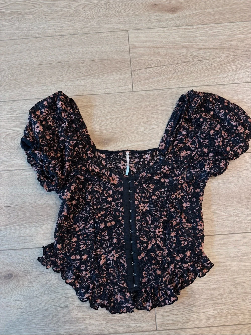 Free People Black Puff Sleeve Floral Lace-Trim Blouse oh baby corset medium